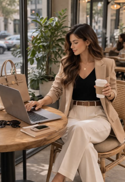 Bež žensko odelo za poslovni stil — Business look